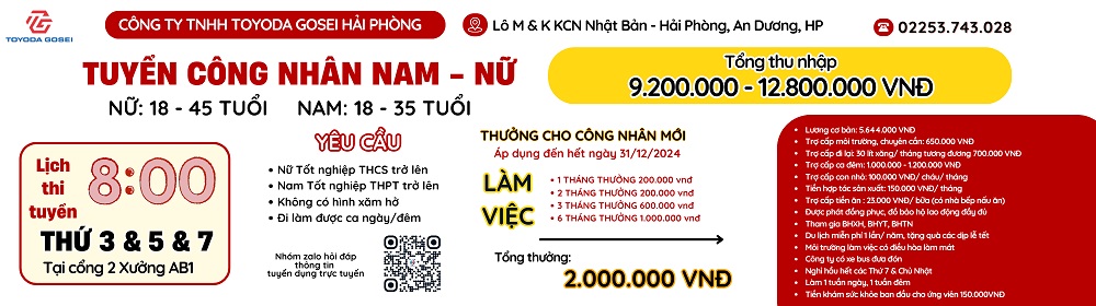 CÔNG TY TNHH TOYODA GOSEI HẢI PHÒNG - THÔNG BÁO TUYỂN DỤNG CÔNG NHÂN NAM – NỮ