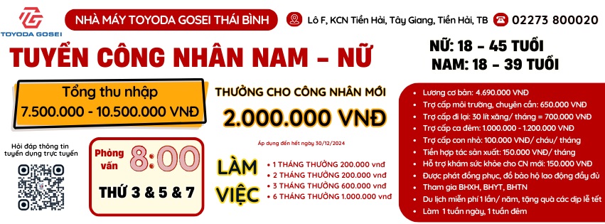 NHÀ MÁY TOYODA GOSEI HẢI PHÒNG TẠI THÁI BÌNH - THÔNG BÁO TUYỂN DỤNG CÔNG NHÂN NAM – NỮ